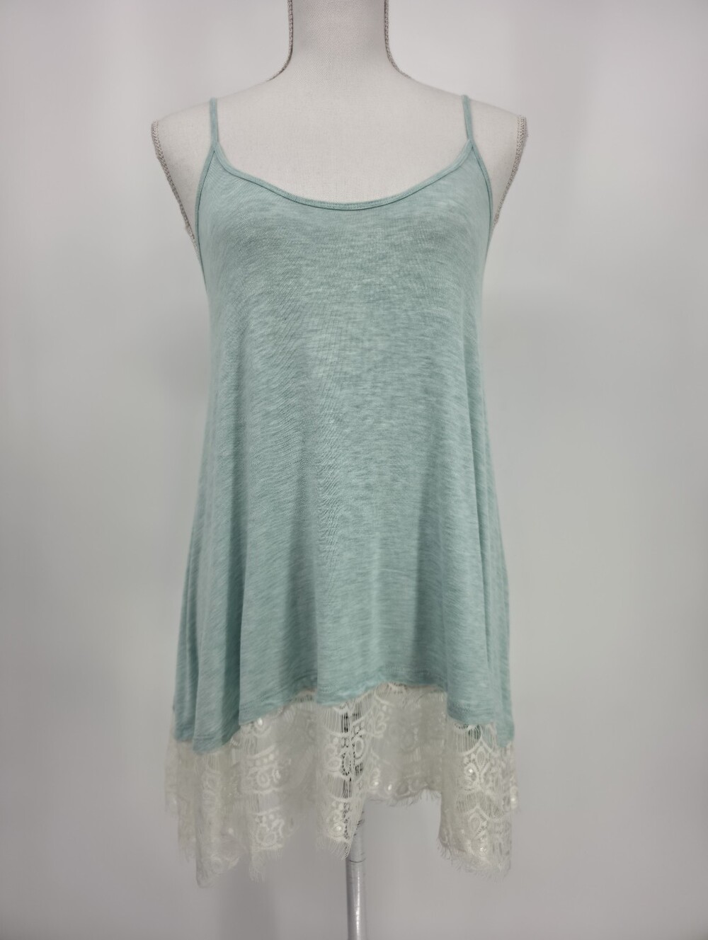 Vanity Mint Green Lace Trim Swing Tank Criss Cross Back Boho Festival Top S